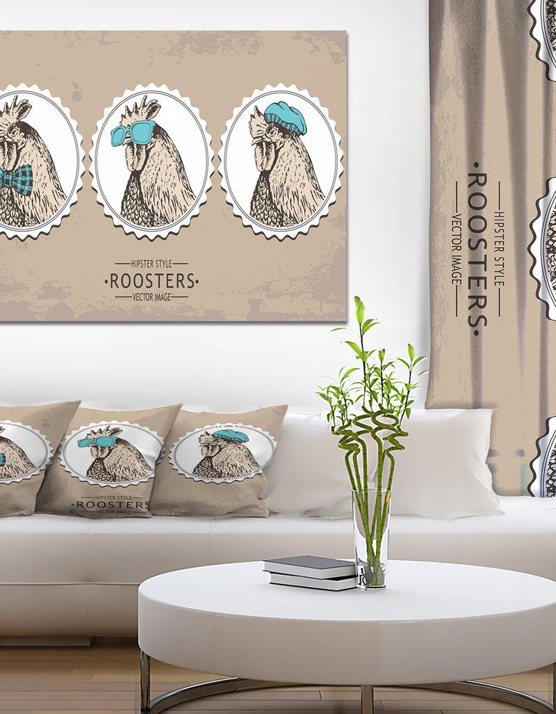 DesignQ Handdrawn Vintage Rooster Hipster Style - Illustration Of Farmhouse Animals Of Painting Print On Wrapped Canvas