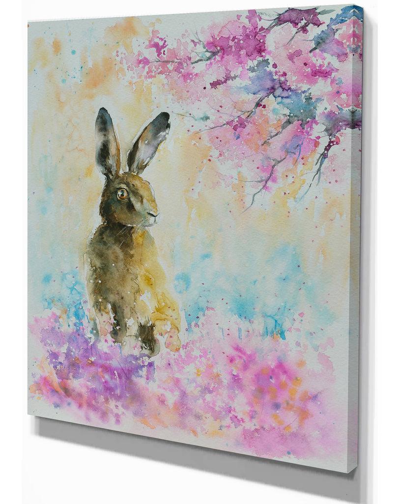 DesignQ Hare On The Spring Meadow - Kids Animals Painting Print On Wrapped Canvas