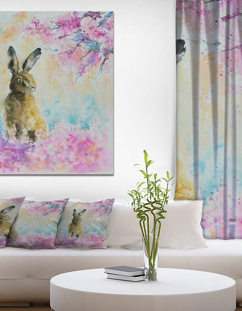 DesignQ Hare on the spring meadow - Kids Animals Painting Print on Wrapped Canvas
