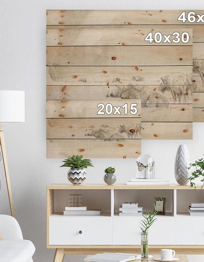 DesignQ Herd Of Wild Bison Sketch - Farmhouse Animal Painting Print On Natural Pine Wood