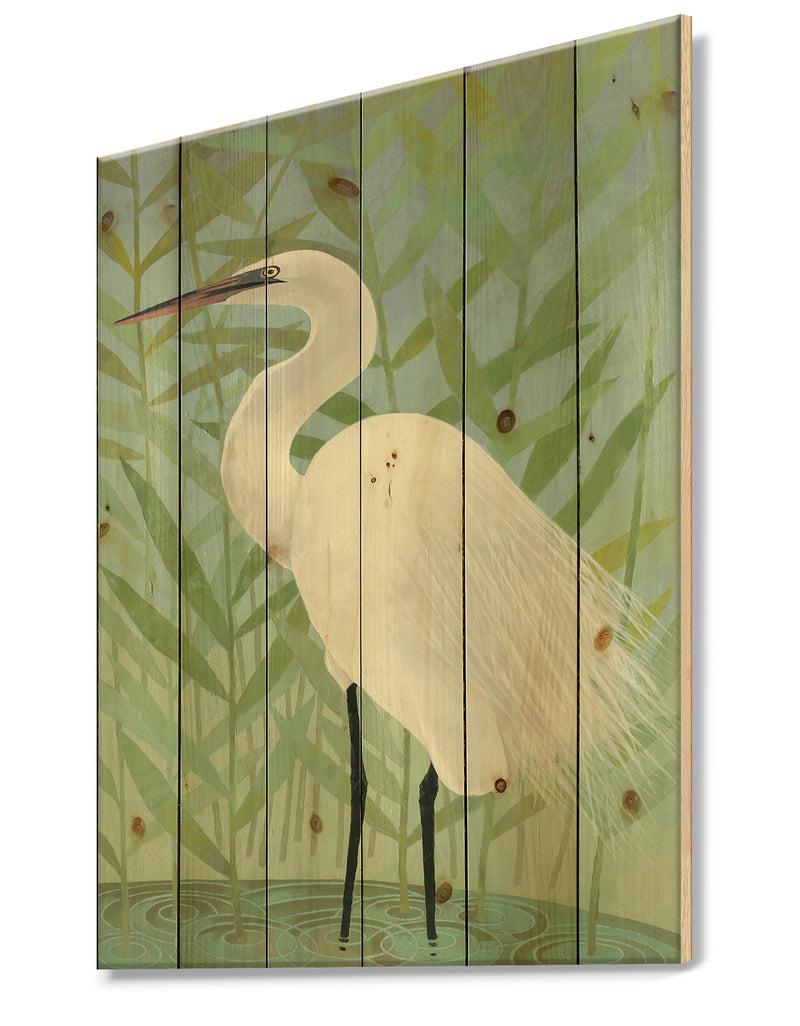 DesignQ Heron By The Shore II - Modern Farmhouse Print On Natural Pine Wood