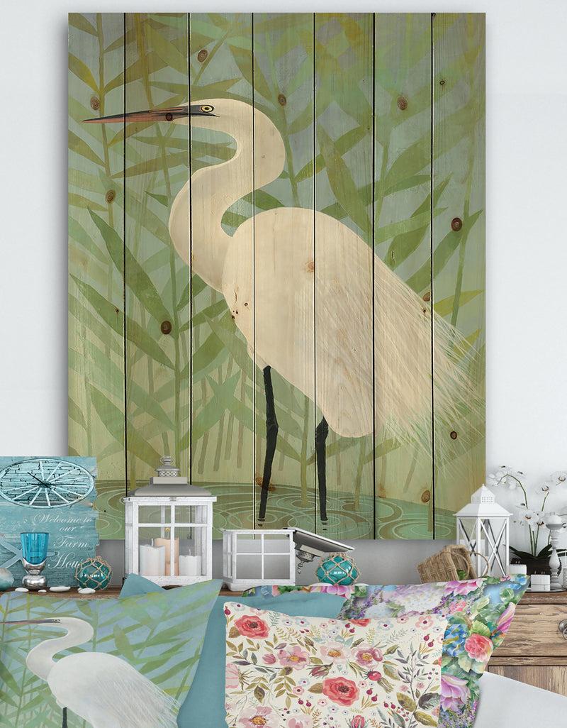 DesignQ heron by the Shore II - Modern Farmhouse Print on Natural Pine Wood
