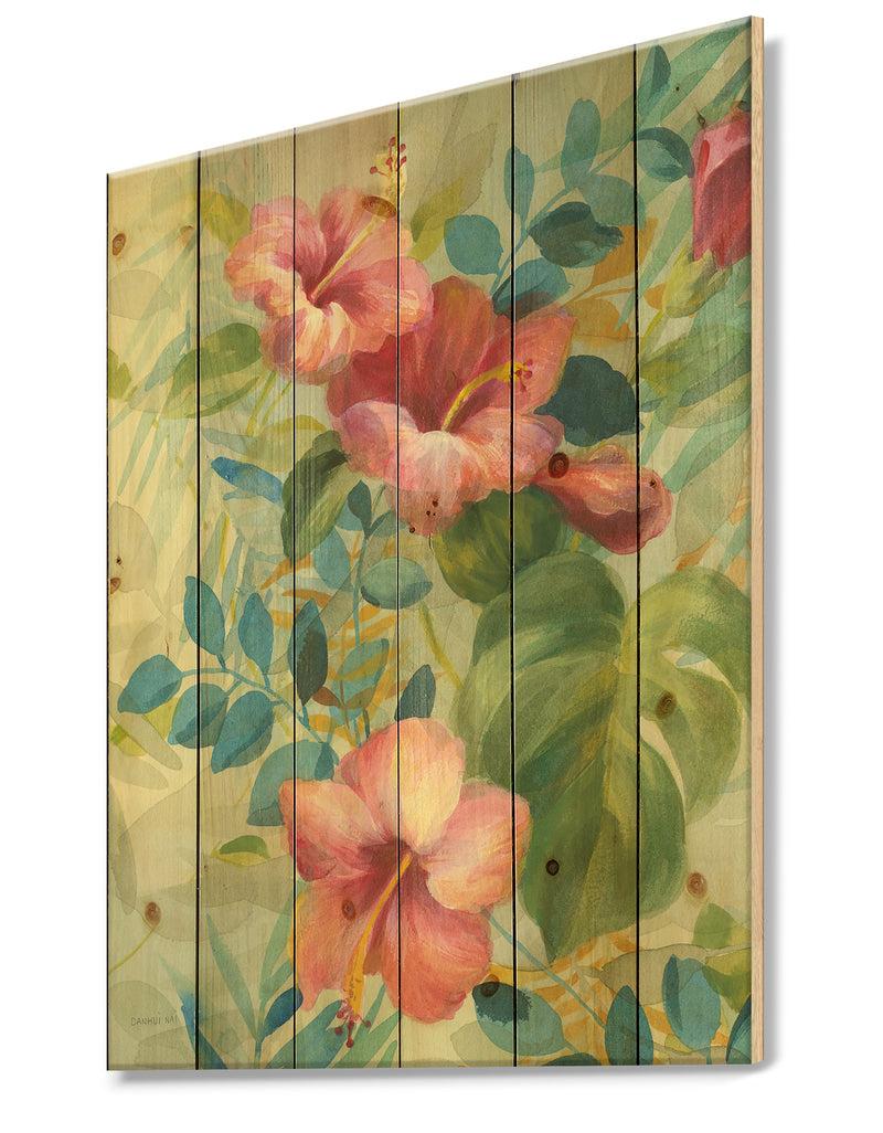 DesignQ Hibiscus Garden II - Traditional Print On Natural Pine Wood
