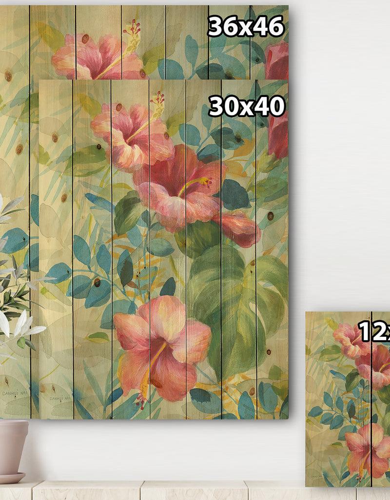 DesignQ Hibiscus Garden II - Traditional Print On Natural Pine Wood