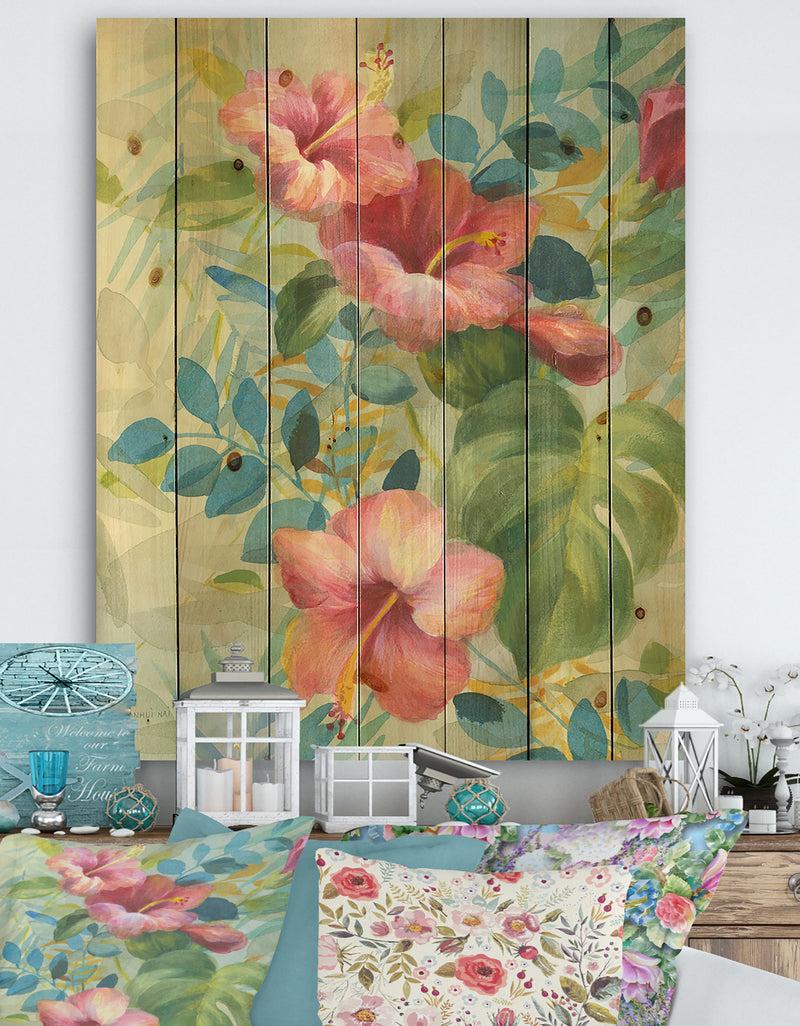 DesignQ Hibiscus Garden II - Traditional Print on Natural Pine Wood