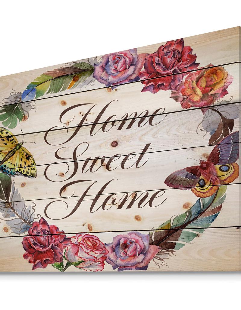DesignQ Home Sweet Home Butterfly Floral Wreath - Textual Entrance Art On Wood Wall Art