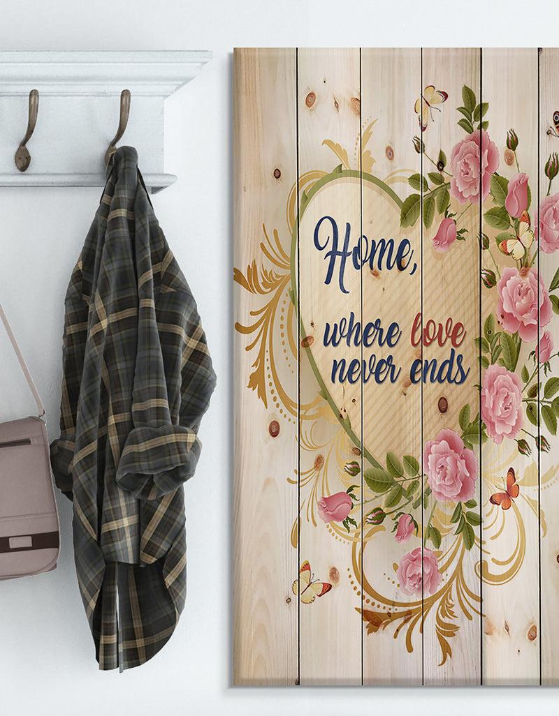 DesignQ Home where Love never ends. Flower Heart - Textual Entrance Art on Wood Wall Art