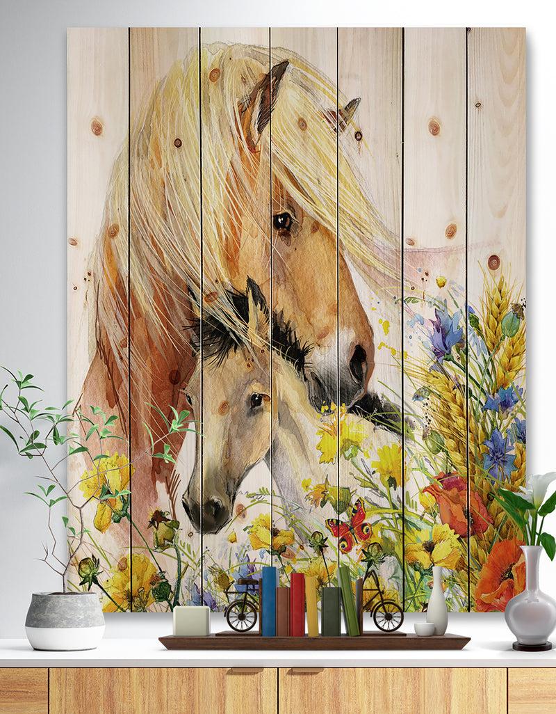 DesignQ Horse and Foal with Meadow - Animal Print on Natural Pine Wood
