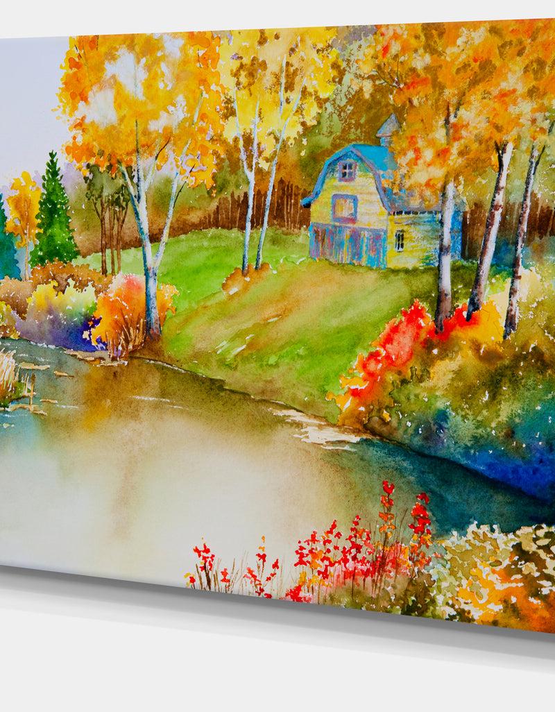 DesignQ House And Quiet Pond In Fall - Landscape Canvas Art Print