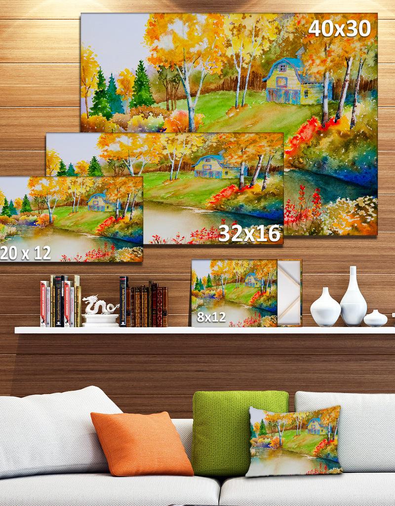 DesignQ House And Quiet Pond In Fall - Landscape Canvas Art Print