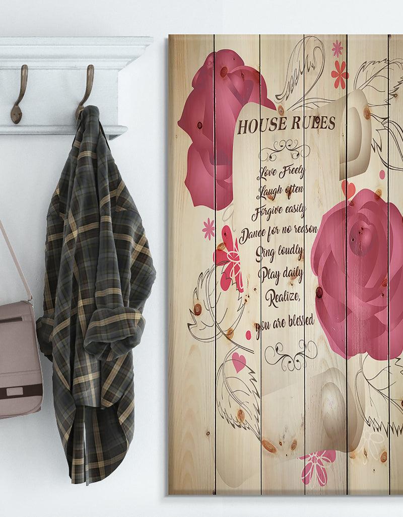 DesignQ House rules. Pink Rose Charter - Textual Entrance Art on Wood Wall Art