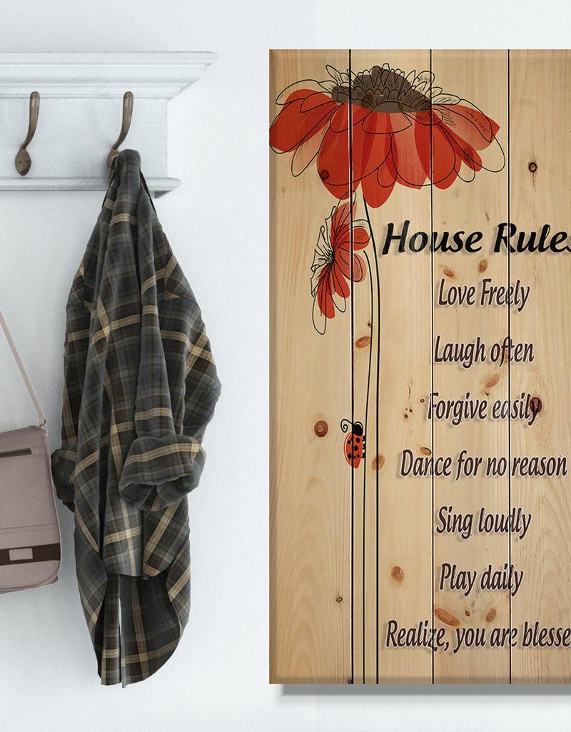 DesignQ House Rules. Red Floral - Textual Entrance Art on Wood Wall Art