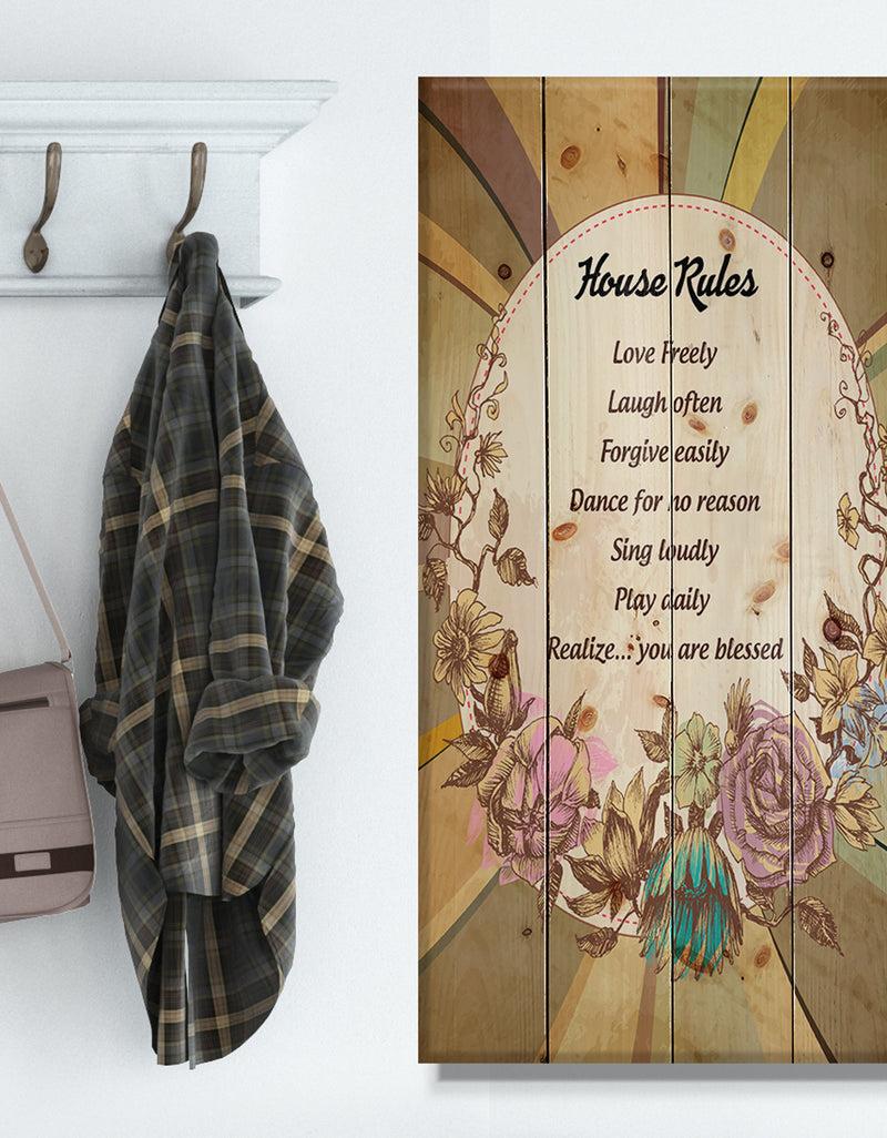 DesignQ House Rules. Vintage Flowers - Textual Entrance Art on Wood Wall Art