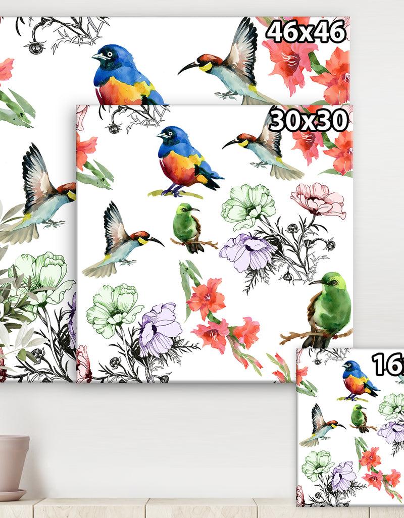 DesignQ Hummingburds And Blosssoming Drawn Flowers - Floral Gallery-wrapped Canvas