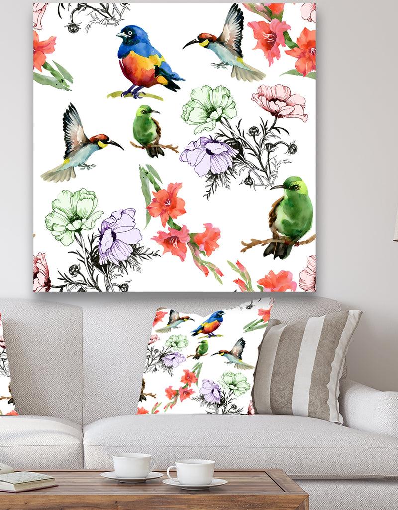 DesignQ Hummingburds and Blosssoming Drawn Flowers - Floral Gallery-wrapped Canvas