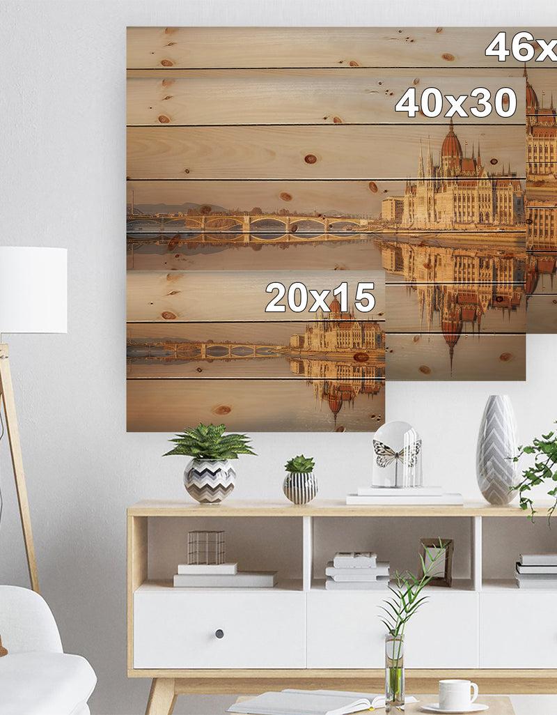 DesignQ Hungarian Parliament Panorama - Cityscape Print On Natural Pine Wood