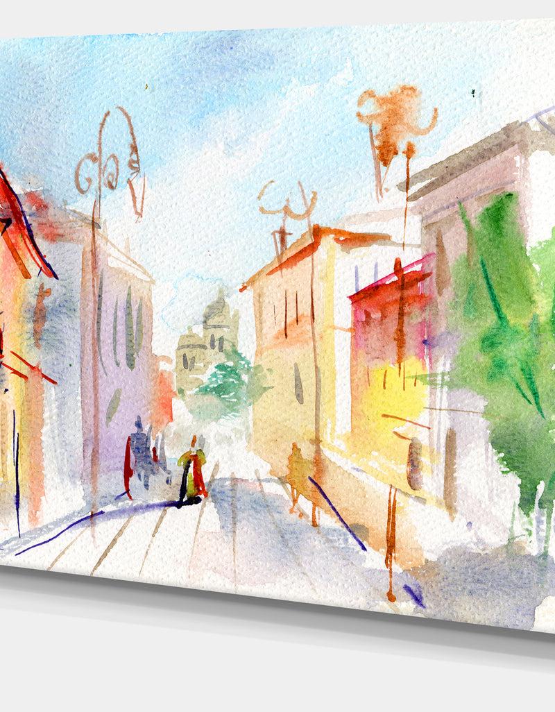 DesignQ Illustrated Parisian Street - Watercolor Cityscape Canvas Print