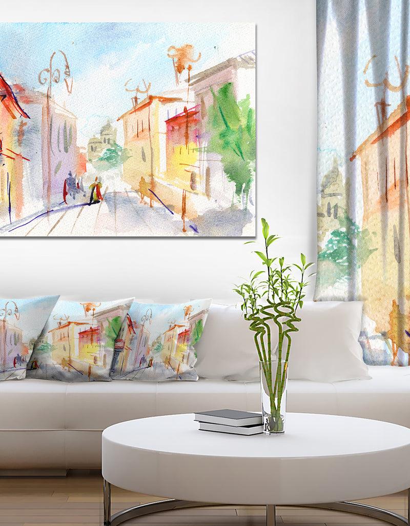 DesignQ Illustrated Parisian Street - Watercolor Cityscape Canvas Print
