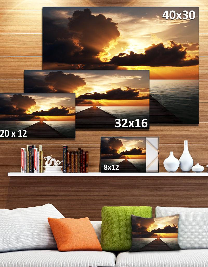 DesignQ Indefinite Wooden Pier To Gloomy Sea - Large Sea Bridge Canvas Art Print