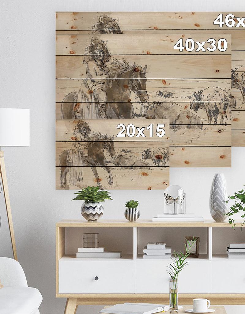 DesignQ Indian Chief Riding Horse - Sketch Of Indian Animals Painting Print On Natural Pine Wood