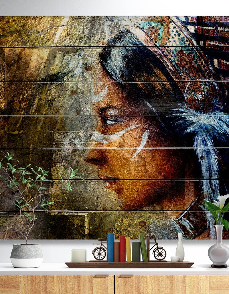 DesignQ Indian Woman with Headdress - Portrait Print on Natural Pine Wood