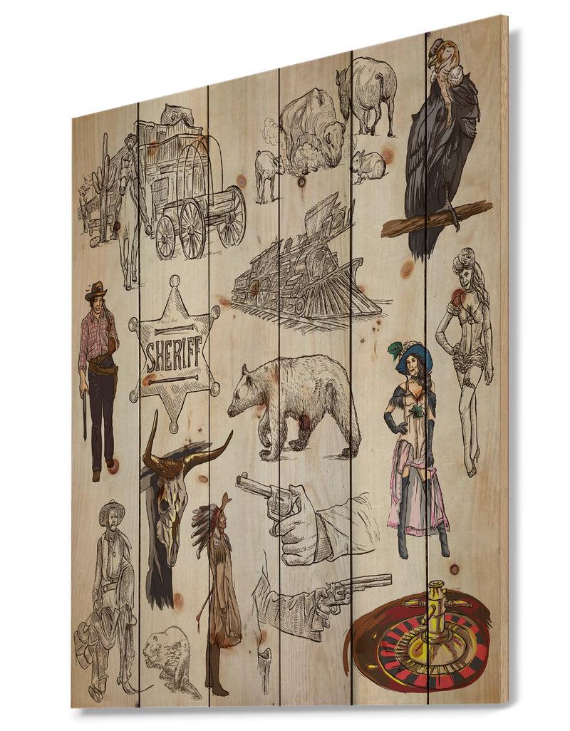 DesignQ Indians And Wild West An Hand Drawn Pack - Strech Sketch Print On Natural Pine Wood