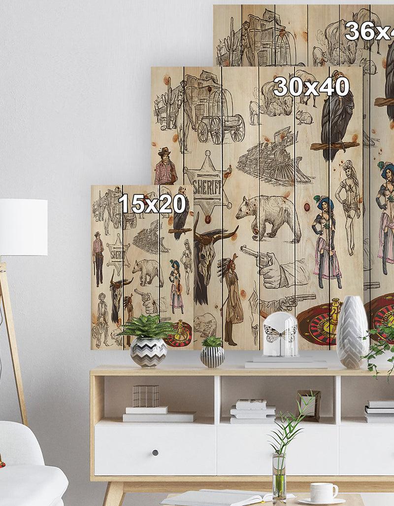 DesignQ Indians And Wild West An Hand Drawn Pack - Strech Sketch Print On Natural Pine Wood