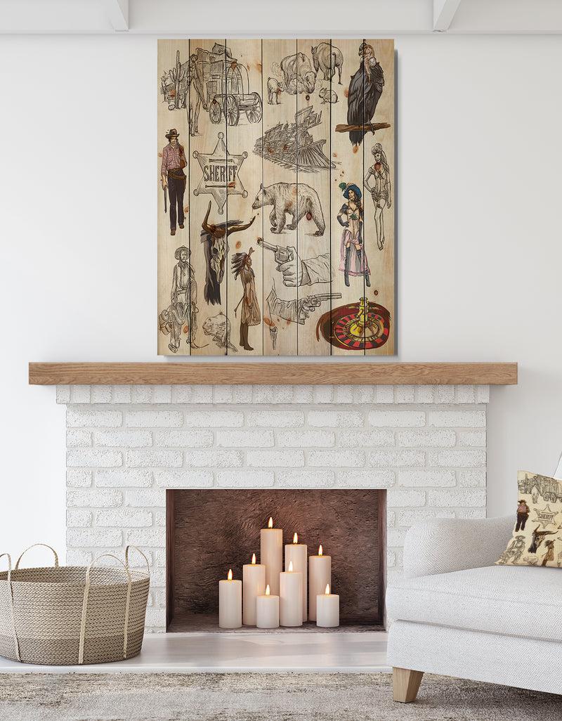 DesignQ Indians and Wild West An hand drawn pack - Strech Sketch Print on Natural Pine Wood