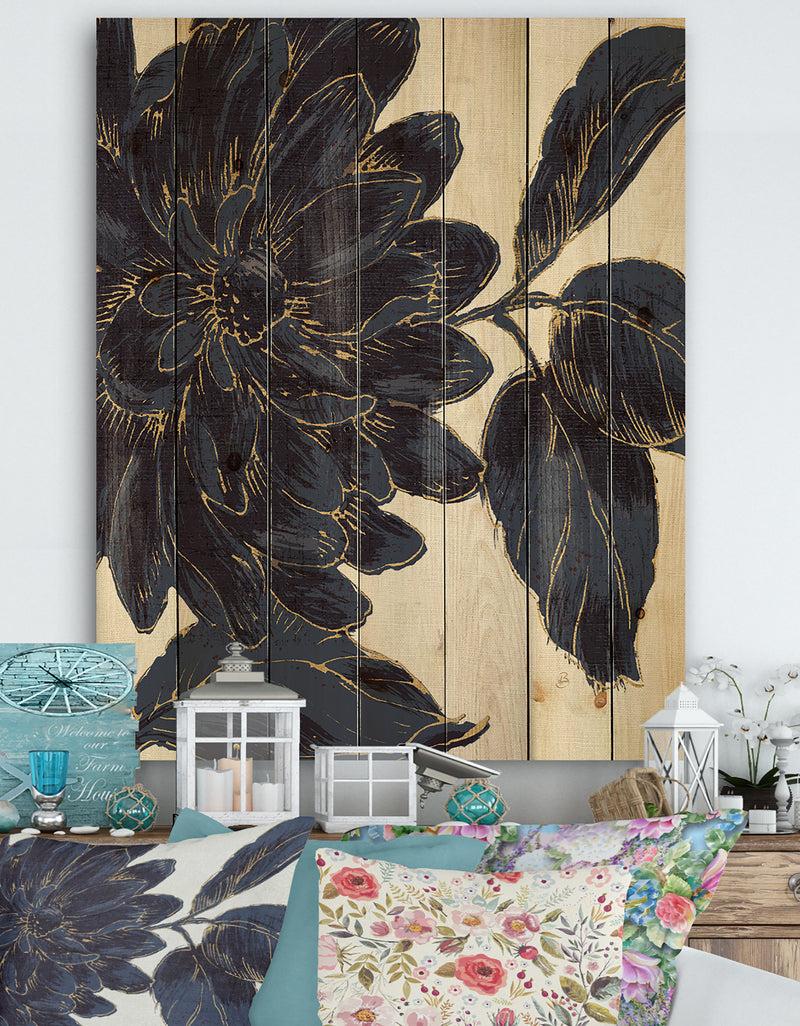 DesignQ Indigo Gold Metallic Flower - Traditional Print on Natural Pine Wood