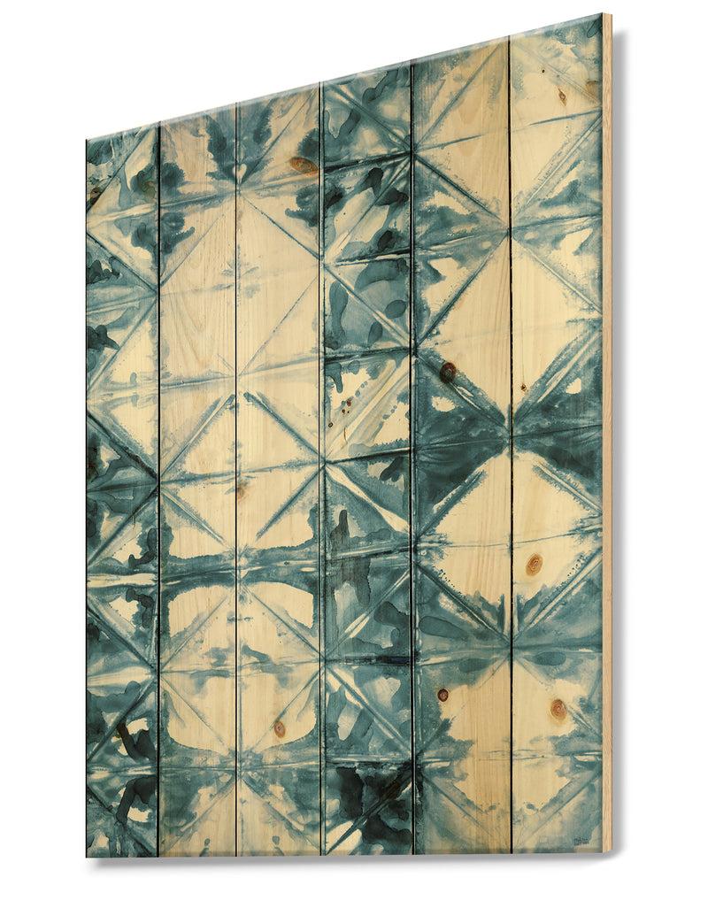 DesignQ Indigo Watercolor Geometrical I - Contemporary Print On Natural Pine Wood