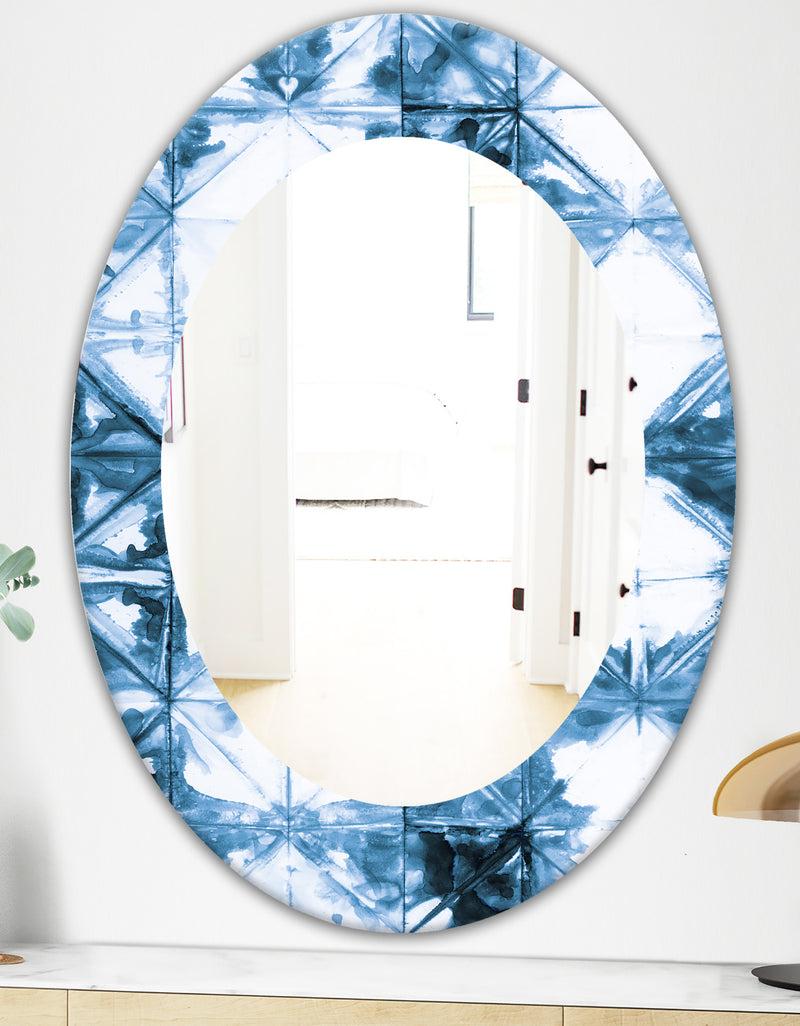 DesignQ Indigo Watercolor Geometrical I - Mid-Century Mirror - Oval Or Round Wall Mirror