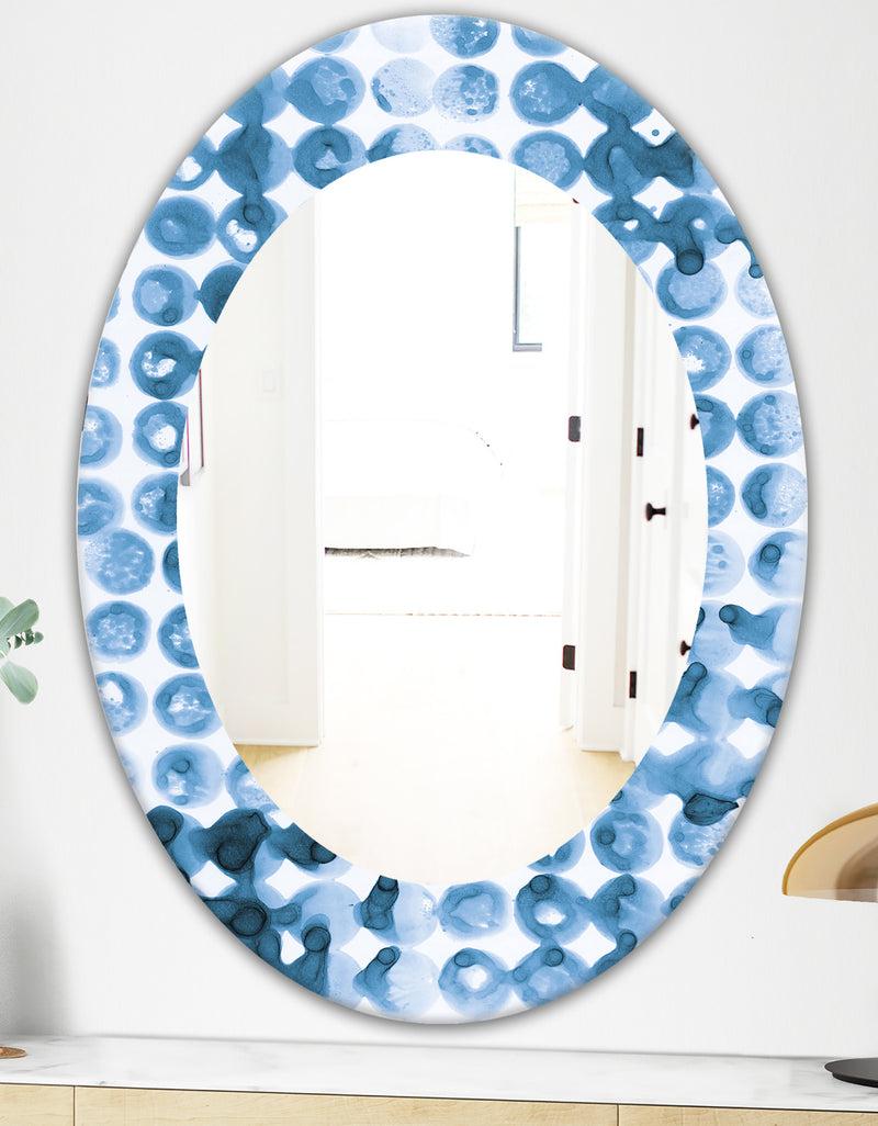 DesignQ Indigo Watercolor Geometrical II - Mid-Century Mirror - Oval Or Round Wall Mirror