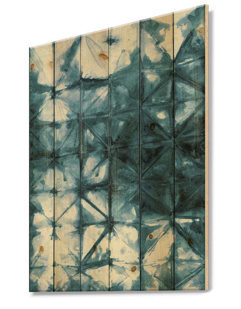 DesignQ Indigo Watercolor Geometrical III - Contemporary Print On Natural Pine Wood