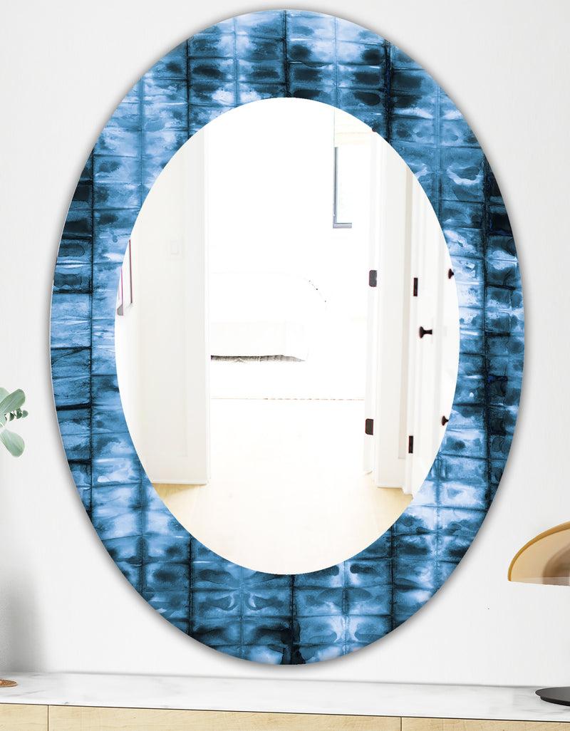 DesignQ Indigo Watercolor Geometrical IV - Mid-Century Mirror - Oval Or Round Wall Mirror