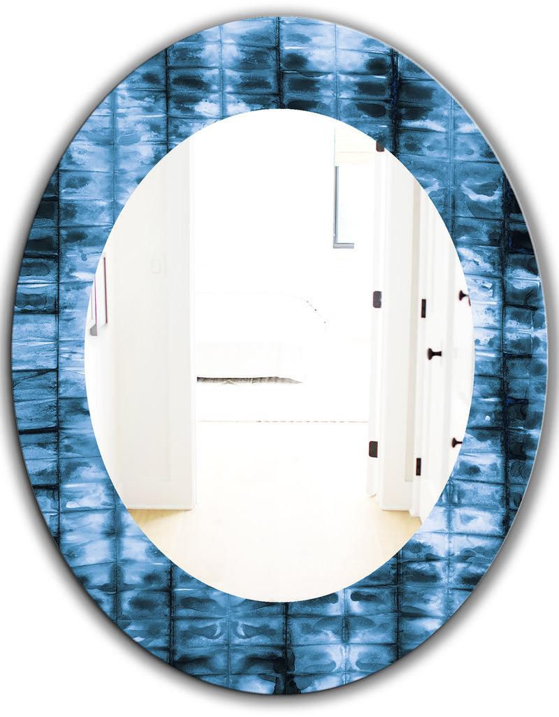 DesignQ Indigo Watercolor Geometrical IV - Mid-Century Mirror - Oval Or Round Wall Mirror