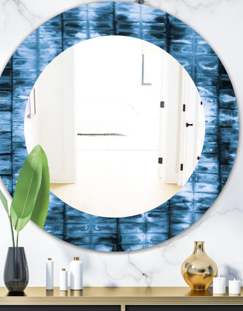 DesignQ Indigo Watercolor Geometrical IV - Mid-Century Mirror - Oval or Round Wall Mirror