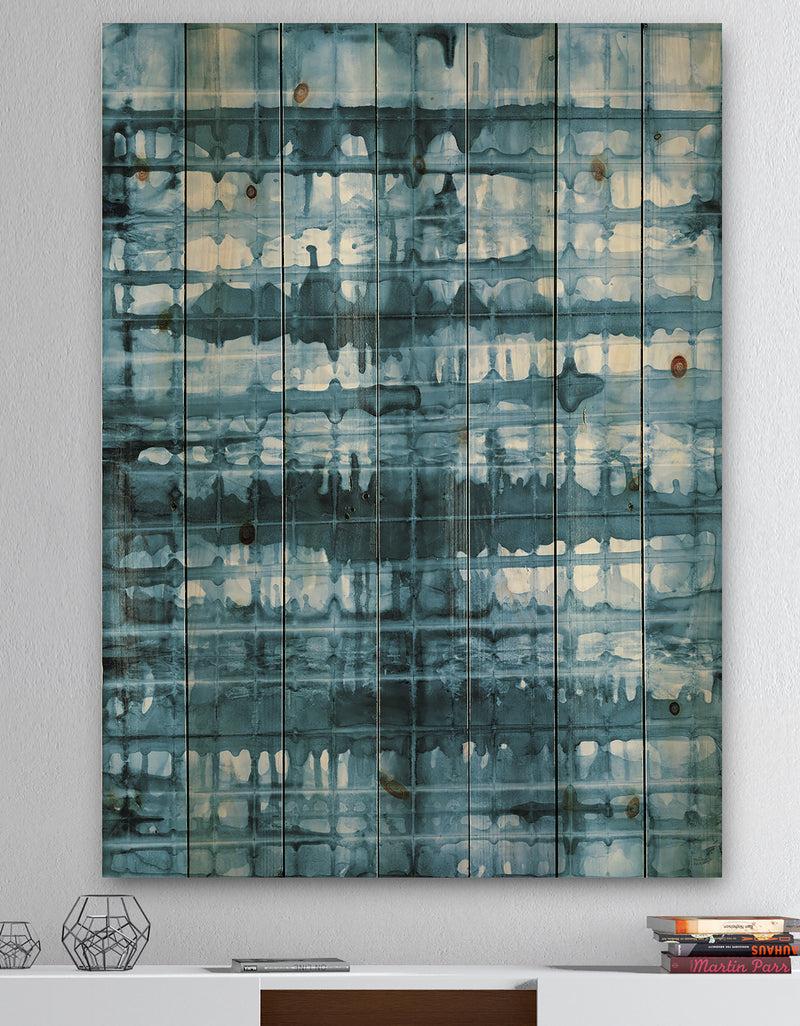 DesignQ Indigo watercolor geometrical V - Contemporary Print on Natural Pine Wood