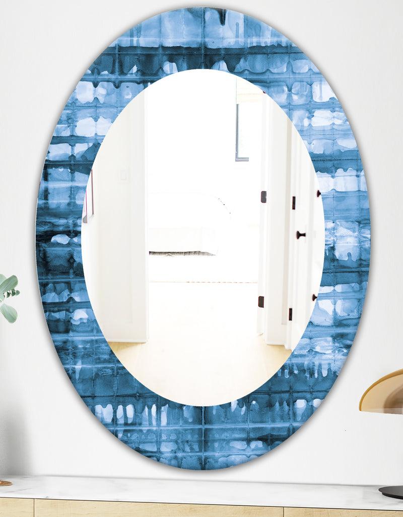 DesignQ Indigo Watercolor Geometrical V - Mid-Century Mirror - Oval Or Round Wall Mirror