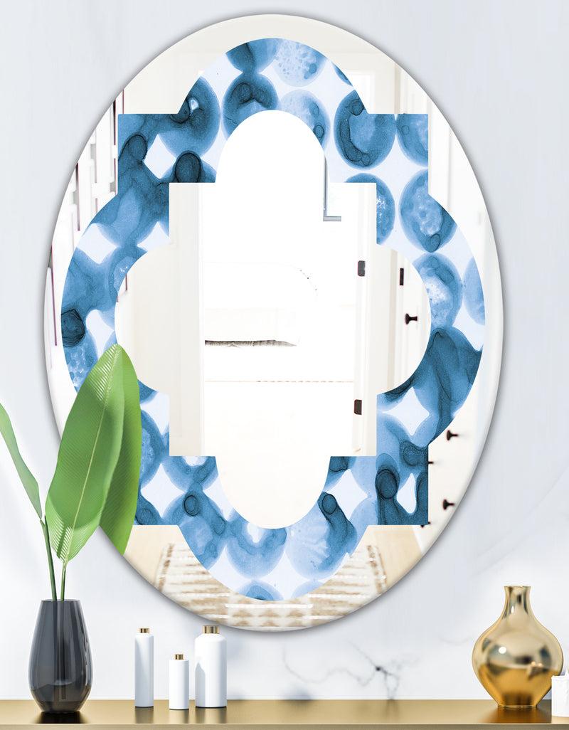 DesignQ Indigo Watercolor Geometrical VI - Modern Round Or Oval Wall Mirror - Quatrefoil