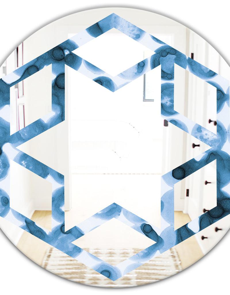 DesignQ Indigo Watercolor Geometrical VI - Modern Round Or Oval Wall Mirror - Hexagon Star