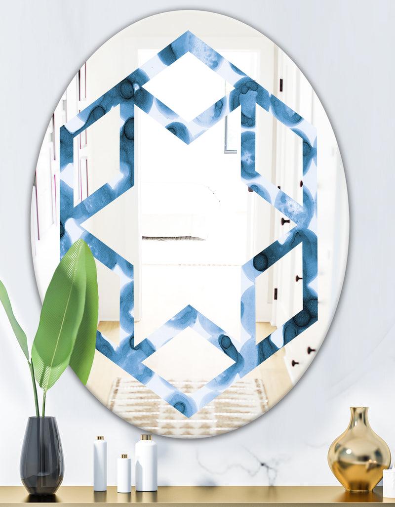 DesignQ Indigo Watercolor Geometrical VI - Modern Round Or Oval Wall Mirror - Hexagon Star