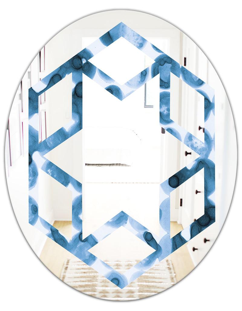 DesignQ Indigo Watercolor Geometrical VI - Modern Round Or Oval Wall Mirror - Hexagon Star