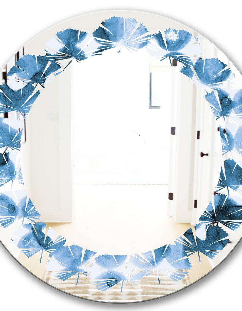 DesignQ Indigo Watercolor Geometrical VI - Modern Round Or Oval Wall Mirror - Leaves
