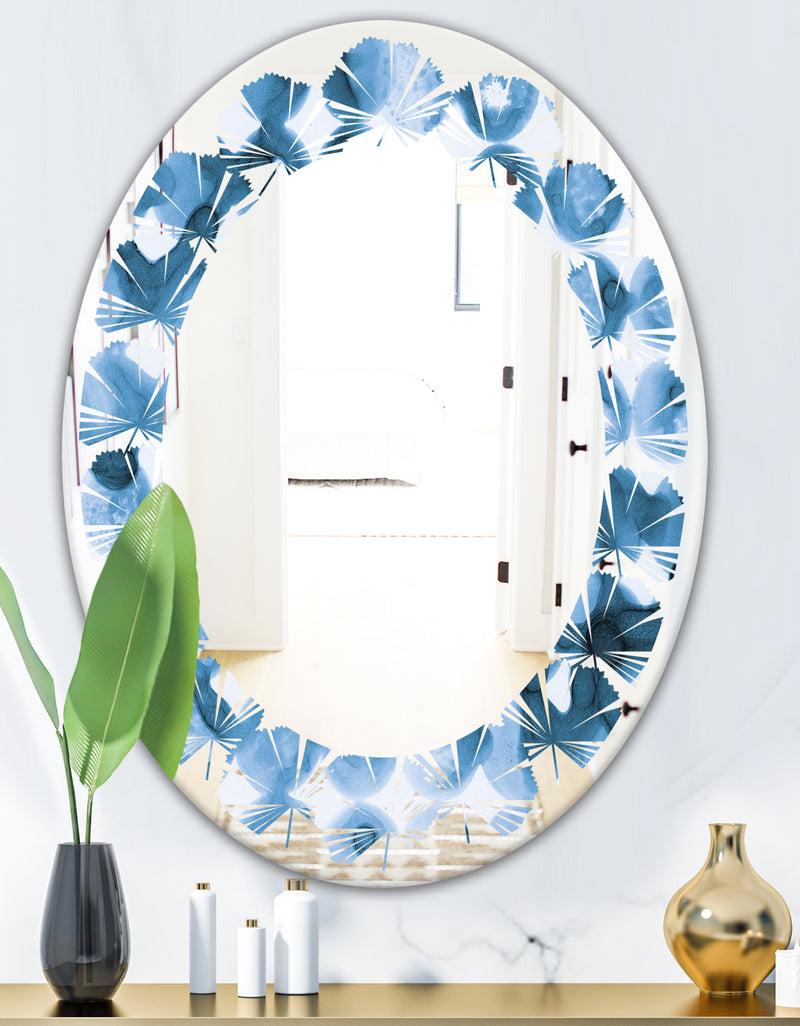 DesignQ Indigo Watercolor Geometrical VI - Modern Round Or Oval Wall Mirror - Leaves