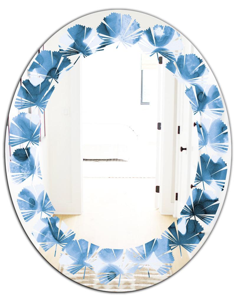 DesignQ Indigo Watercolor Geometrical VI - Modern Round Or Oval Wall Mirror - Leaves