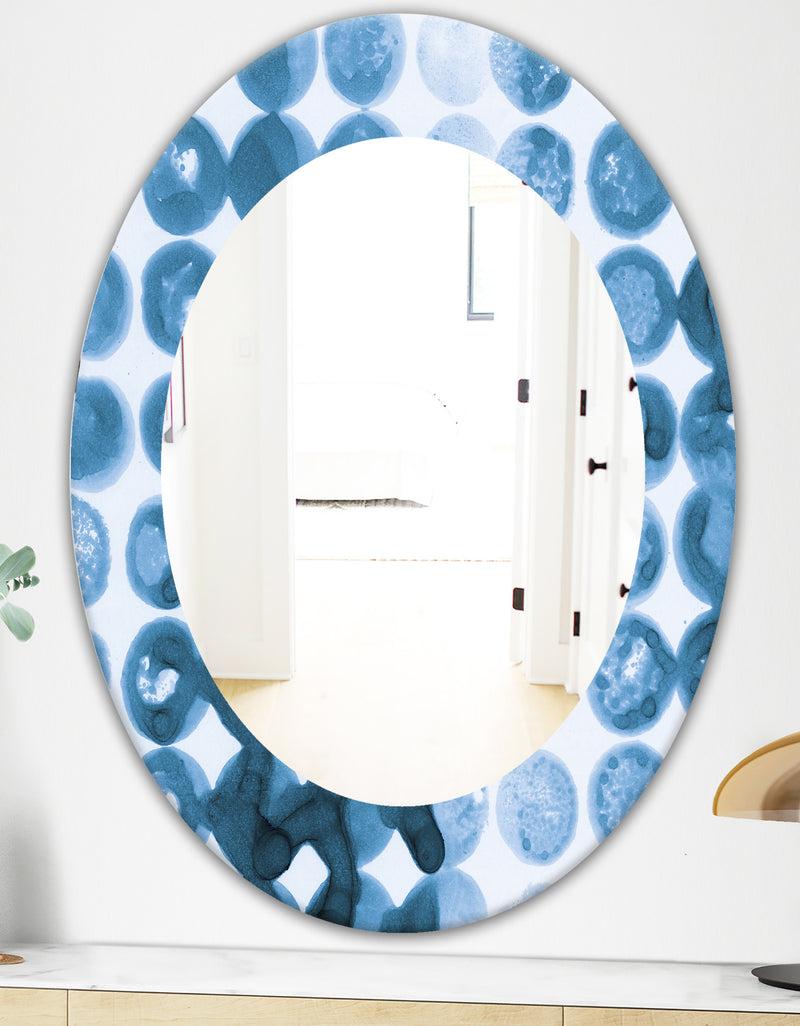 DesignQ Indigo Watercolor Geometrical VII - Mid-Century Mirror - Oval Or Round Wall Mirror
