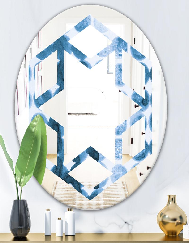 DesignQ Indigo Watercolor Geometrical VII - Modern Round Or Oval Wall Mirror - Hexagon Star