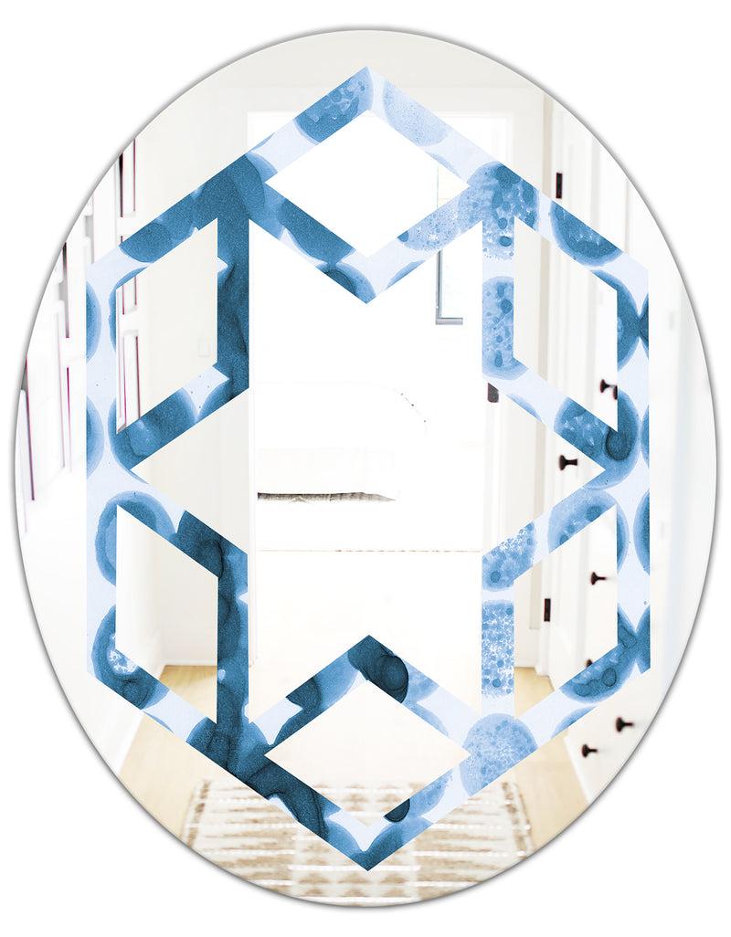 DesignQ Indigo Watercolor Geometrical VII - Modern Round Or Oval Wall Mirror - Hexagon Star