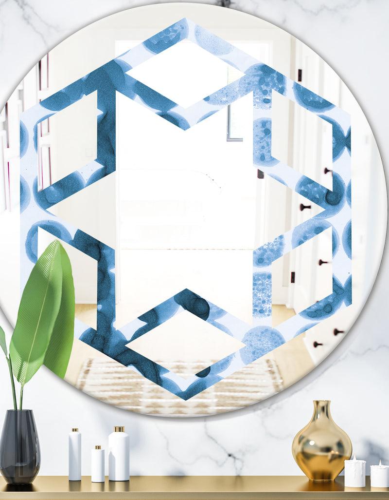 DesignQ Indigo Watercolor Geometrical VII - Modern Round or Oval Wall Mirror - Hexagon Star
