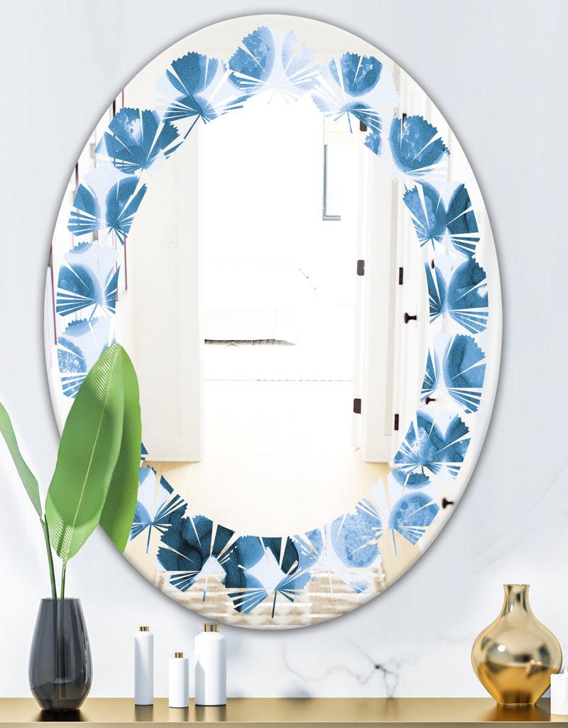 DesignQ Indigo Watercolor Geometrical VII - Modern Round Or Oval Wall Mirror - Leaves